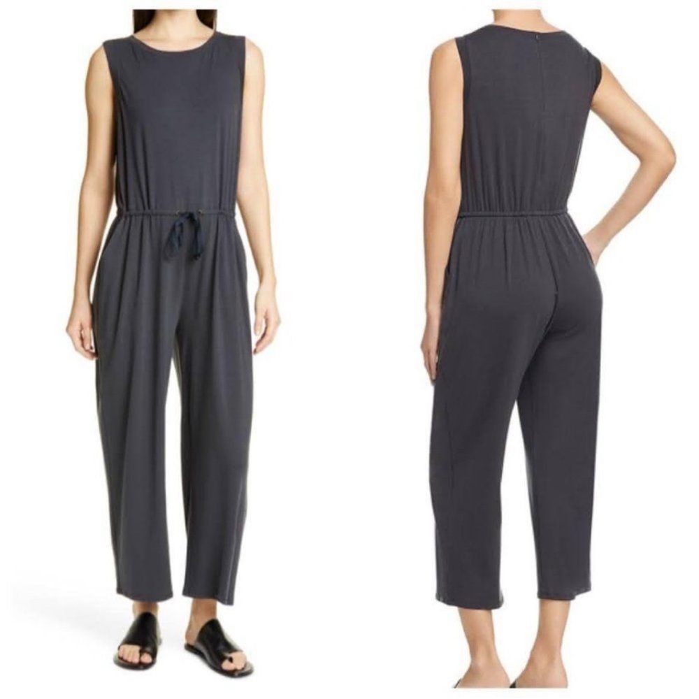 NWT Eileen Fisher Large Jumpsuit Round Neck Graphite Gray Drawstring Waist